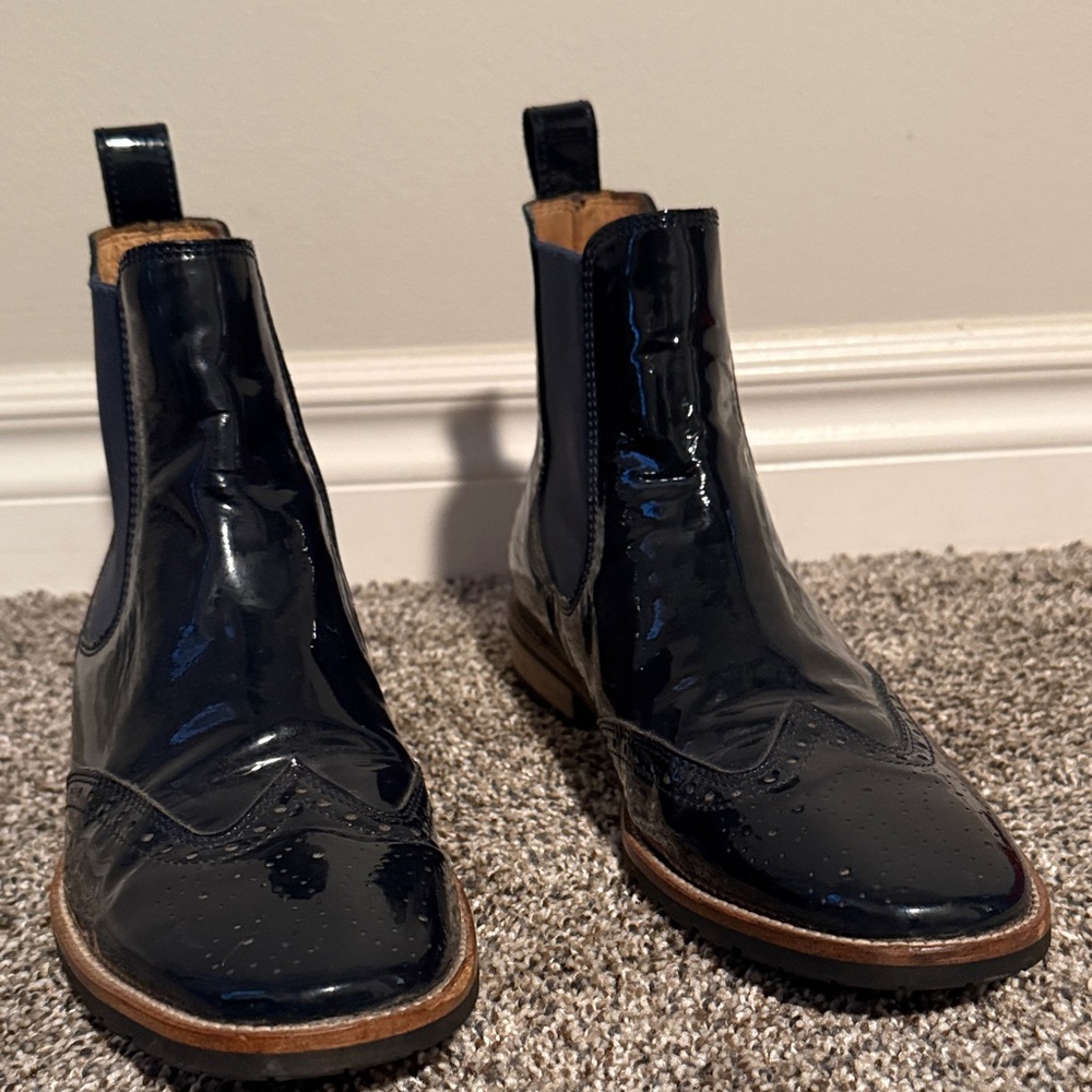 Navy Blue Patent Leather Chelsea Boots. Made in Europe. One of a kind.